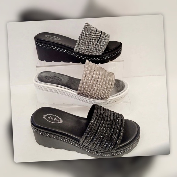 3 Left Italina Black Platform Rhinestone Embellished Wedge Slide-In Sandal - Picture 6 of 7